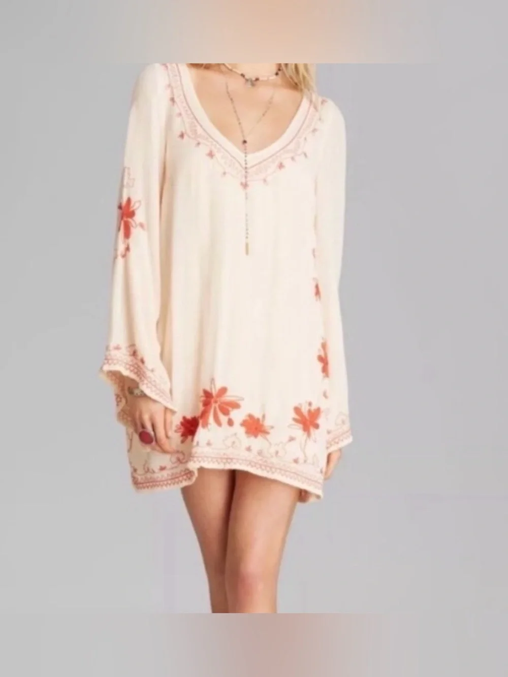 Free People Cream Swim Coverup Tunic with Coral Embroidery